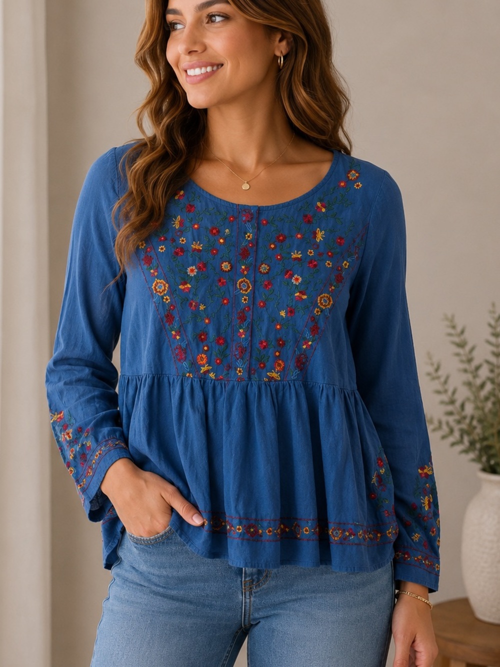 Altar'd State Blue Embroidered Peasant Tunic